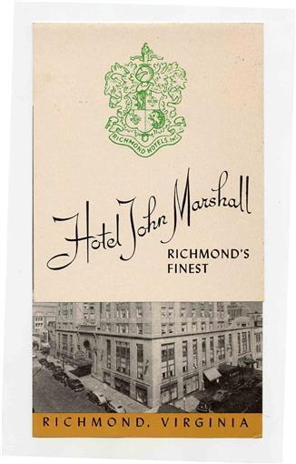 Hotel John Marshall Brochure Richmond Virginia 1940's
