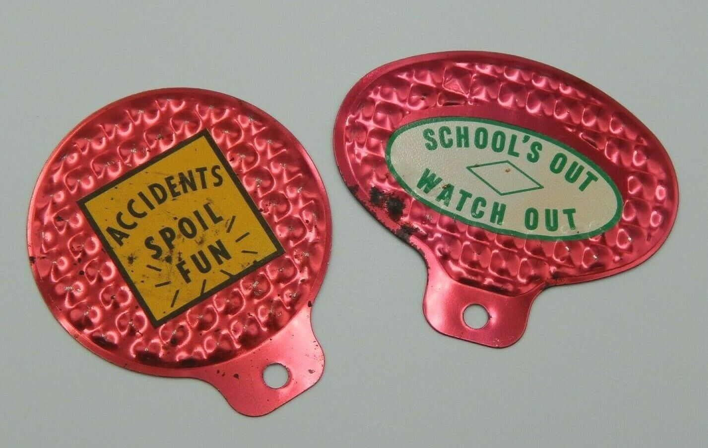 Lot Of 2 Vintage Tin Bicycle Or Car Reflector Accidents Spoil Fun & School's Out