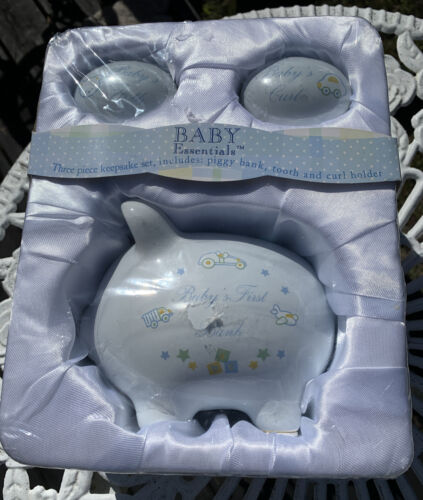 Baby Essential Three Piece Blue Keepsake Set Piggy Bank Tooth & Curl Holder
