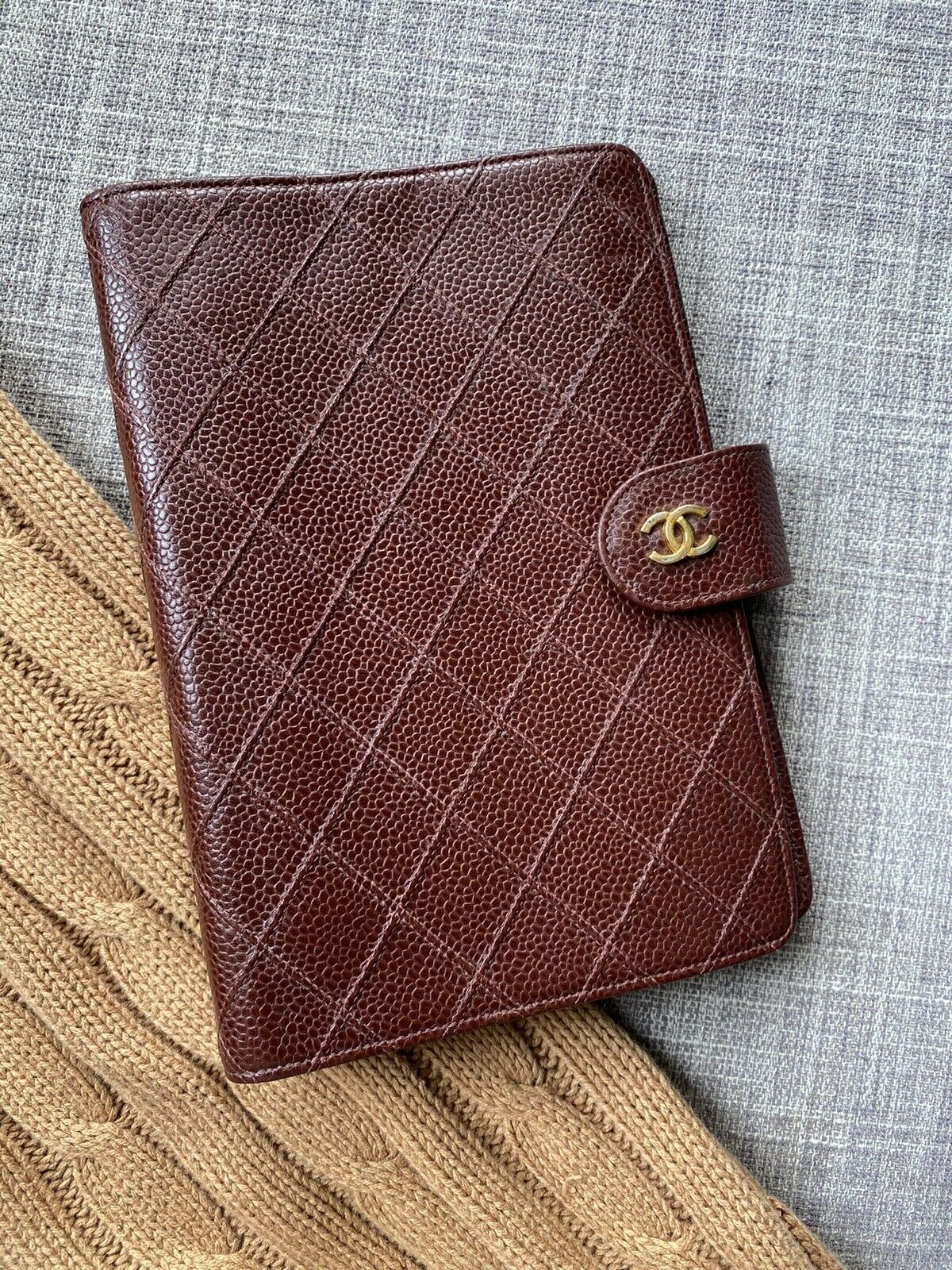 Authentic Vintage Chanel Quilted Caviar Leather Agenda In Brown. A6/mm