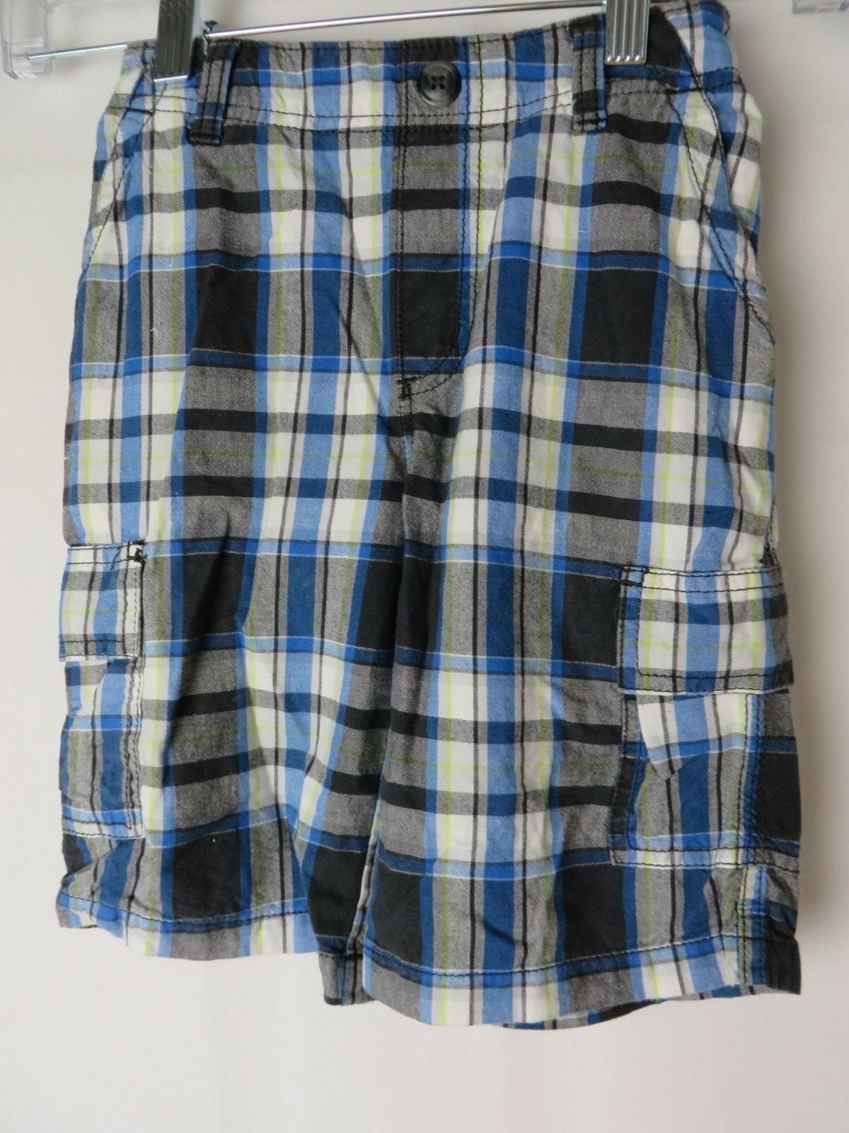 Sonoma Boys Cargo Shorts Back Elastic Waist Black Blue Plaid Size 7 #7983