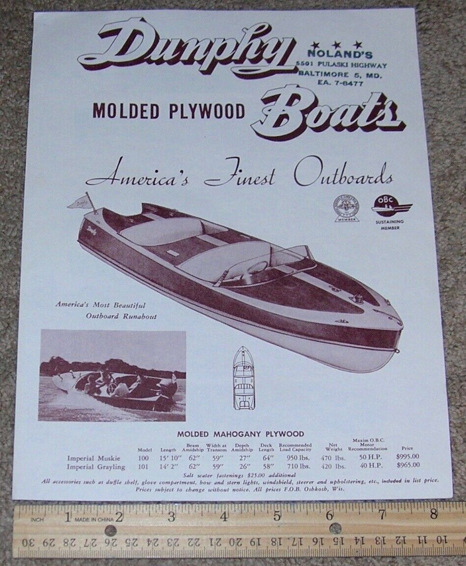 Dunphy Molded Plywood Boats + Trailer Dealer Stamped Sales Brochure Catalog