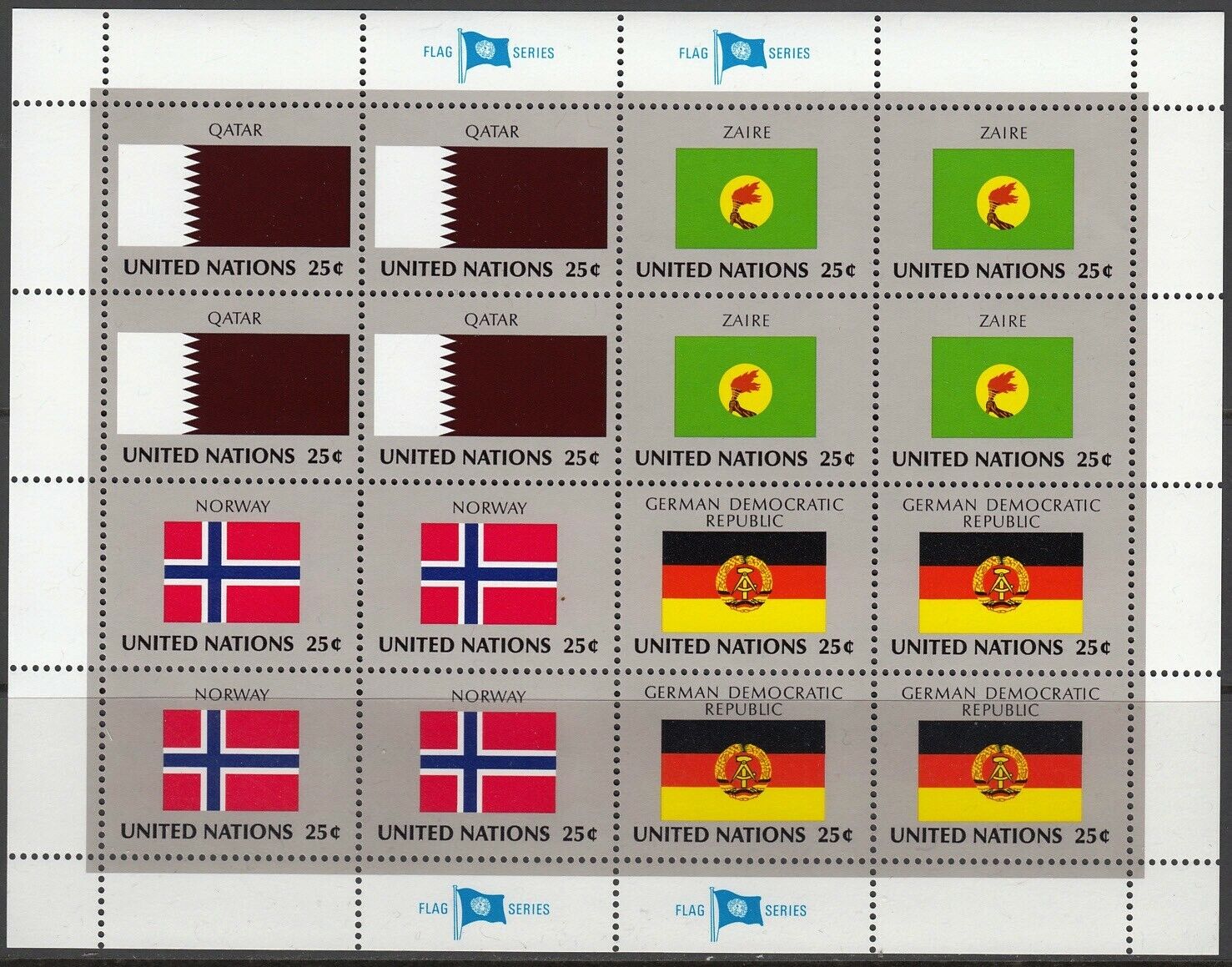 United Nations New York 1988 Flag Series Qatar Zaire Norway Ddr Sheet [#c278]