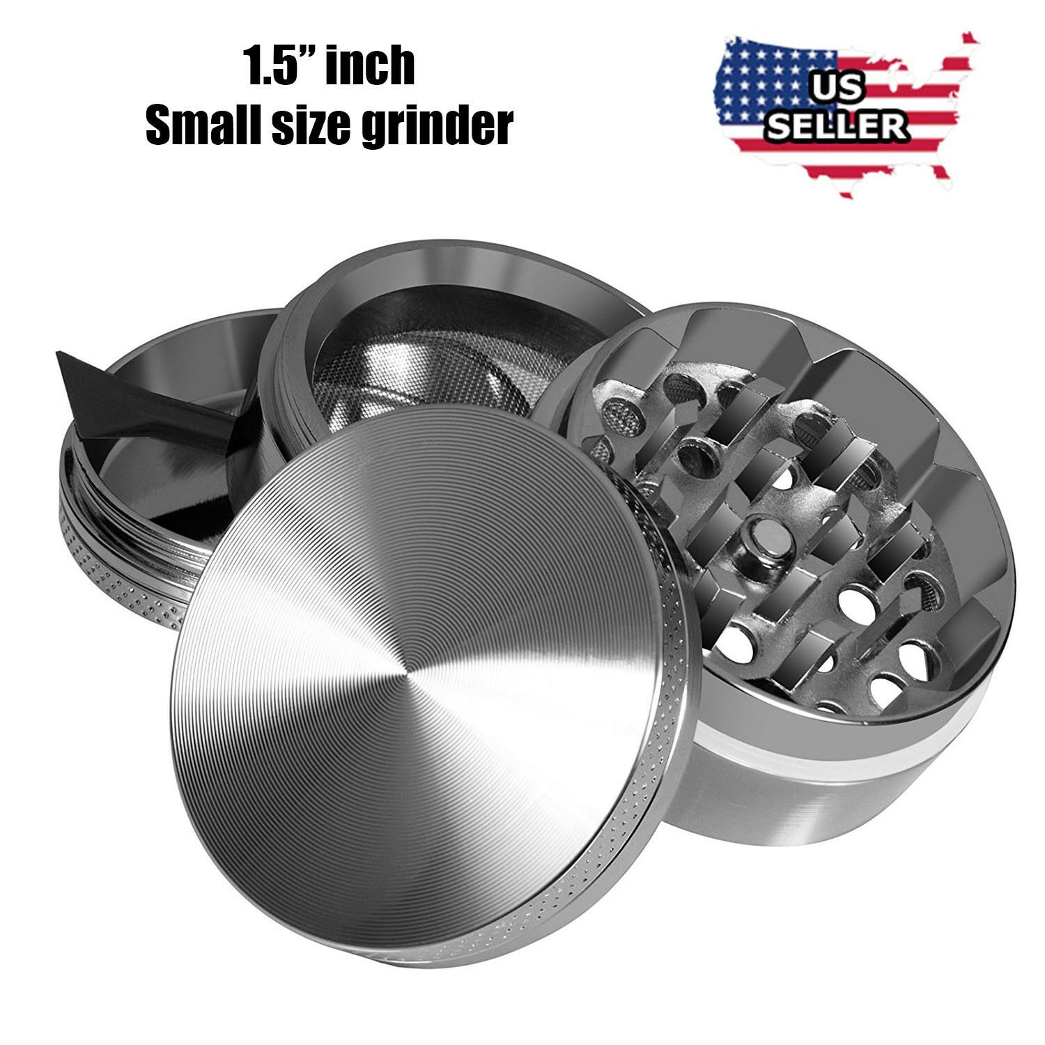 4 Piece Magnetic 1.5 Inch Grey Tobacco Herb Grinder Spice Aluminum With Scoop