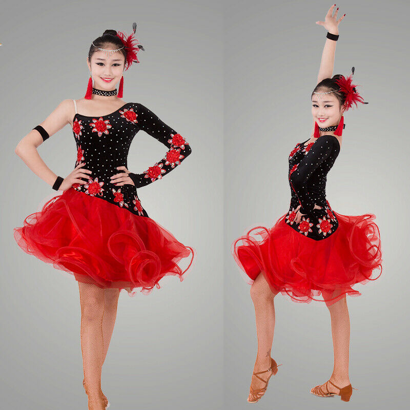 Womens Rhinestone Latin Dance Dress Competition Performance Skirts Ballroom New