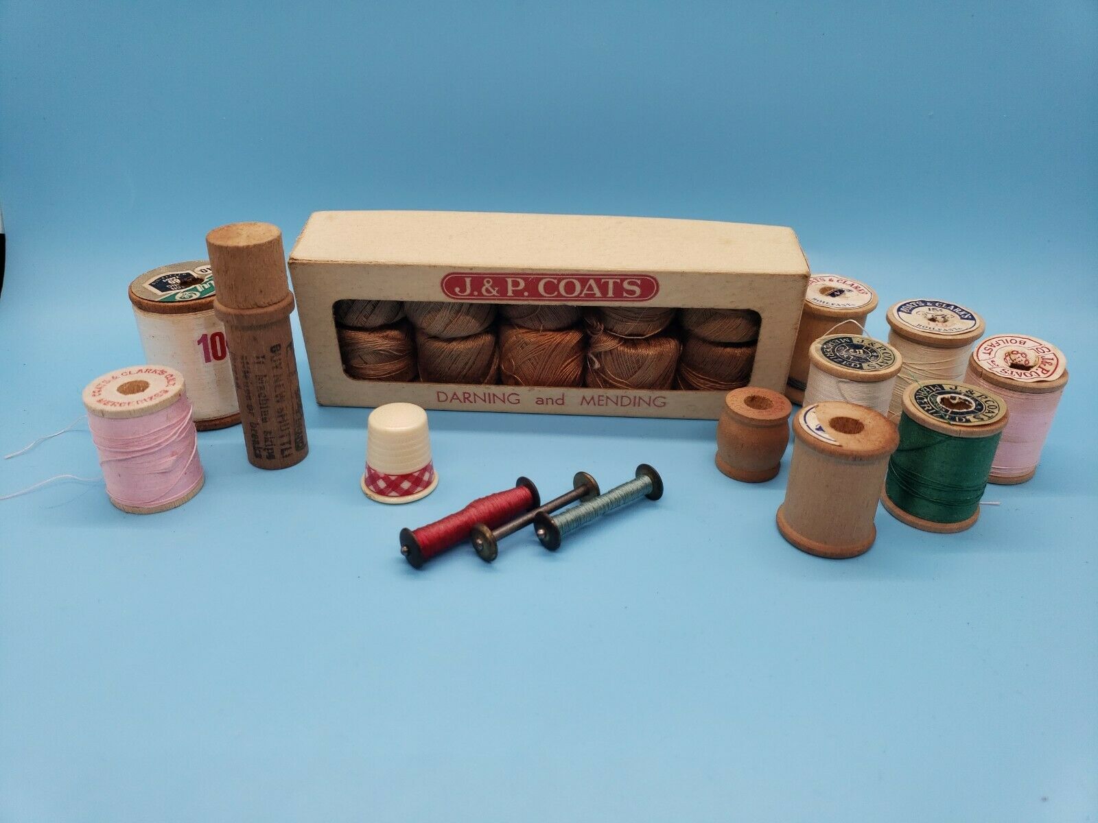 Vintage Sewing Notions:(3)treadle Bobbins, Wooden Needle Box, Wooden Spools, Etc