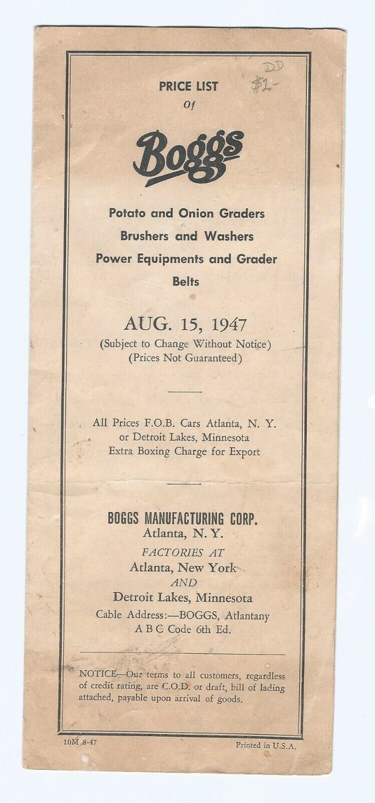 1947 Boggs Mfg. Corp. Price List For Produce Grader Belts Brushers Washers