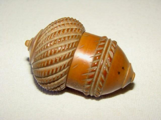 Old Sewing Needle, Thimble, Pin Holder Acorn Shape Carved Coquilla Nut Etui #1