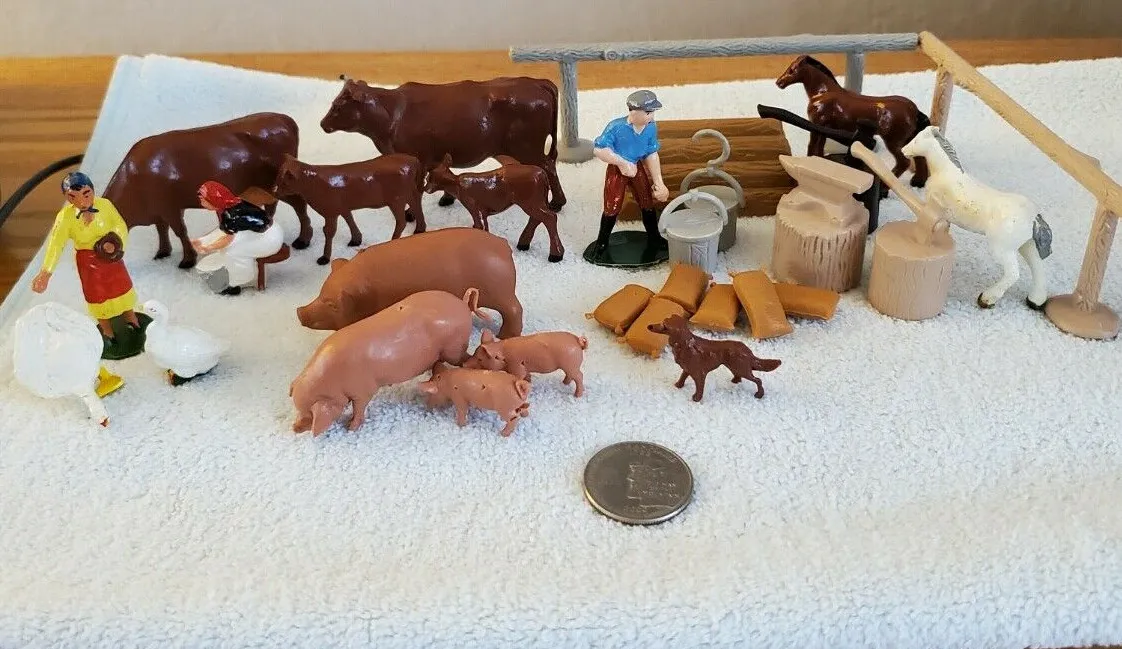 Vintage (1950's) Farm Family, Animals And Accessories All At 2” Scale