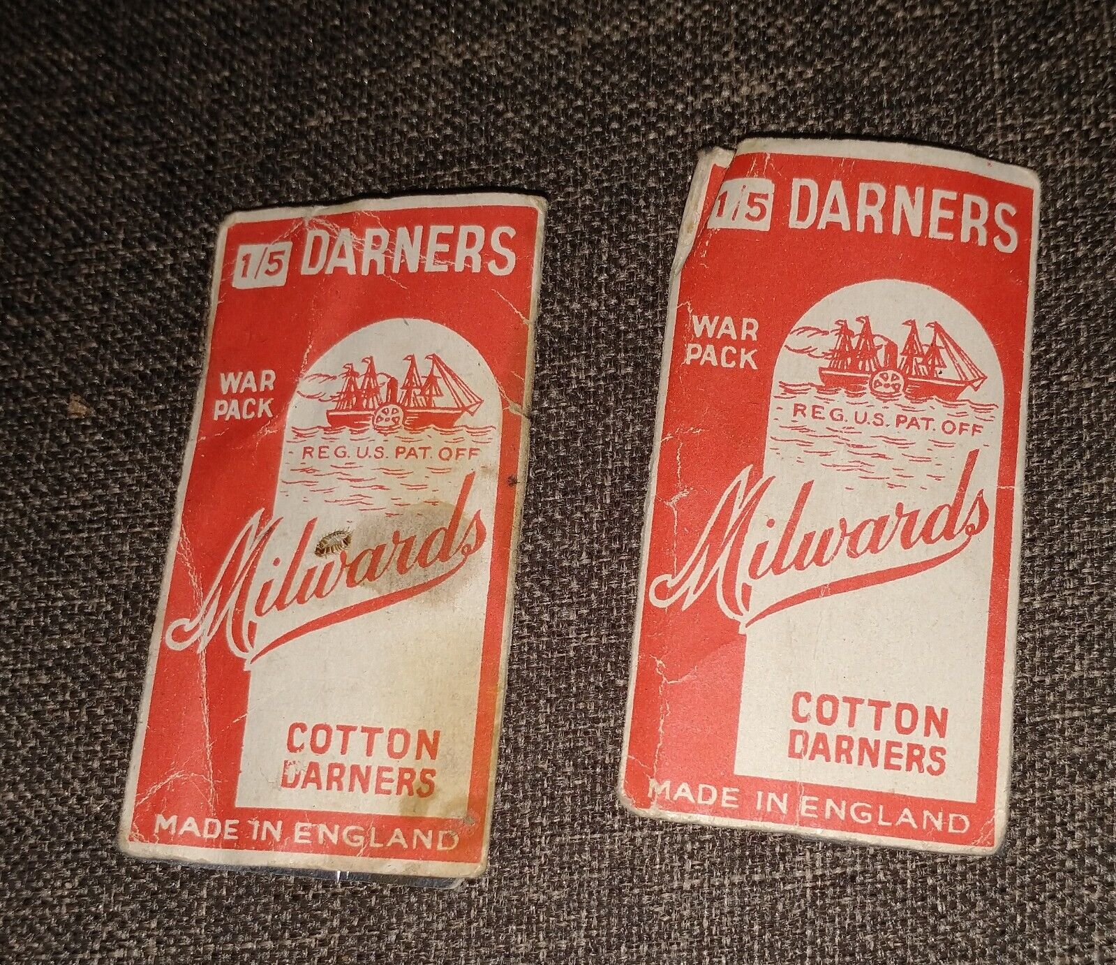 2 Antique War Pack 1/5 Darners Tri Fold Packet Of  Milwards Needles  England