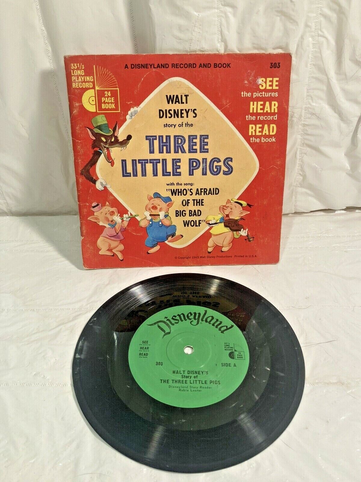 Vtg 1965 Walt Disney 33 1/3 Vinyl Record & Book  The Three Little Pigs #303