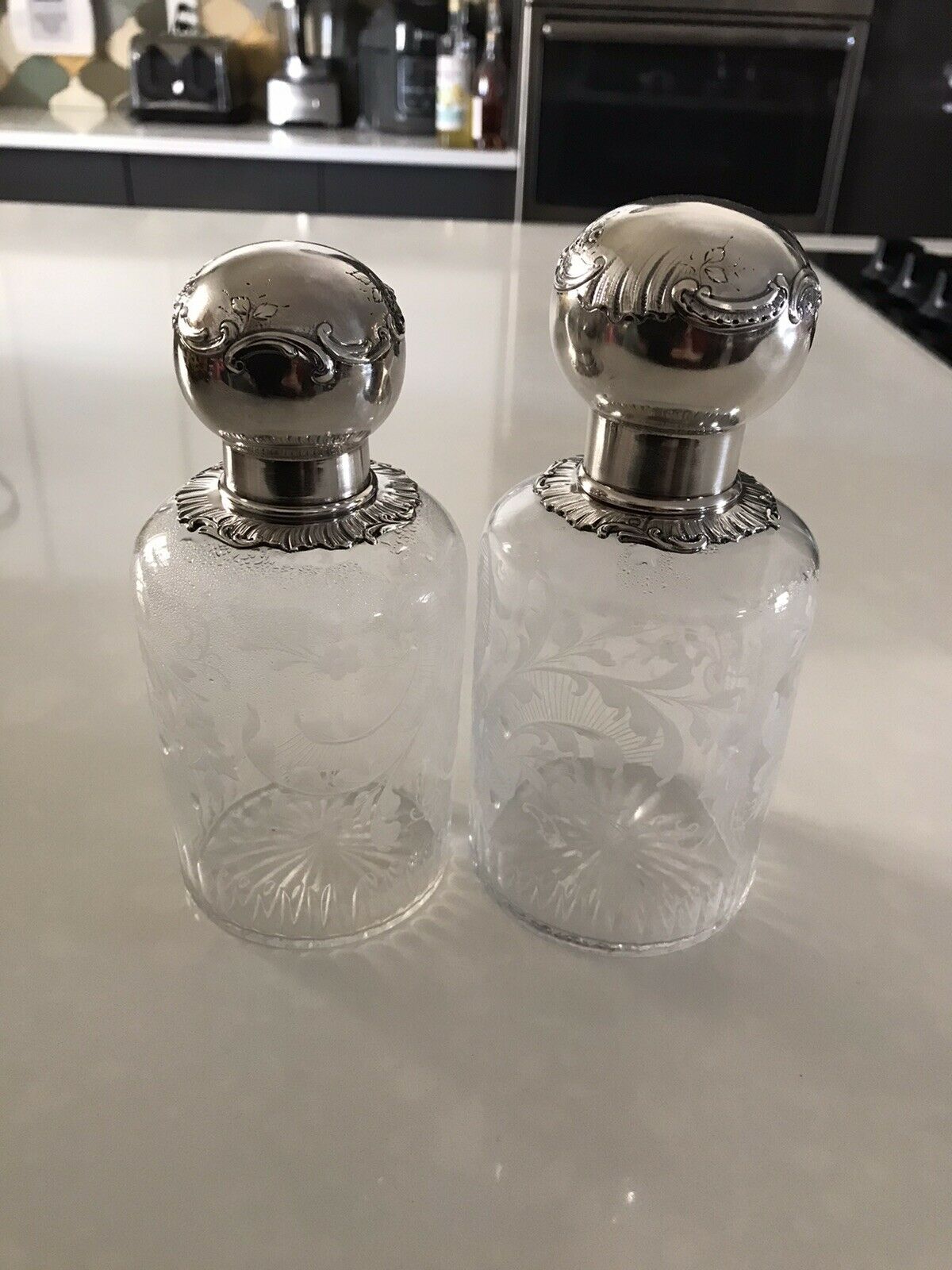 Pair Of French Sterling Silver And Etched Glass Perfume Bottles
